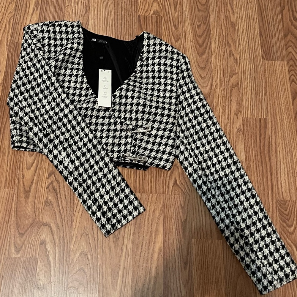 Zara Houndstooth Crop Blazer with Crystal pins